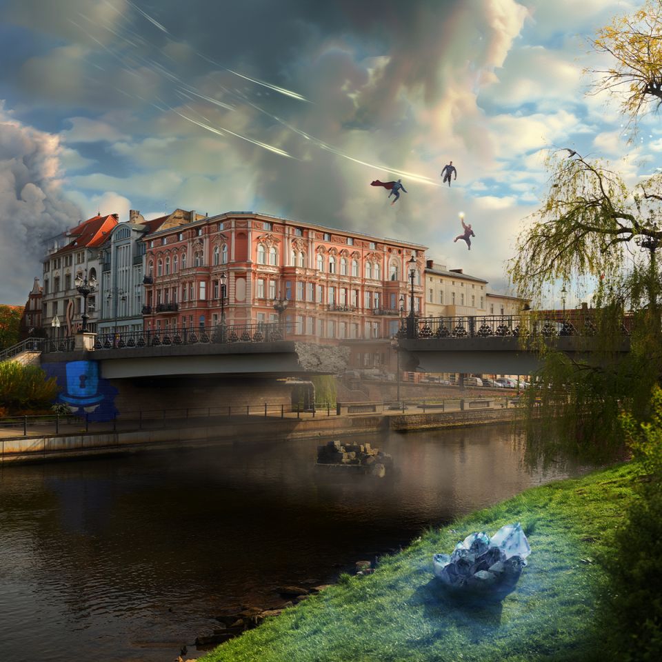 Monumentalny budynek Savoy Bydgoszcz. Escape room tam jest. Nad budynkiem niespokojne niebo i latają superbohaterowie walczący. Most zburzony, a pod nim grafitti z logiem MrLock